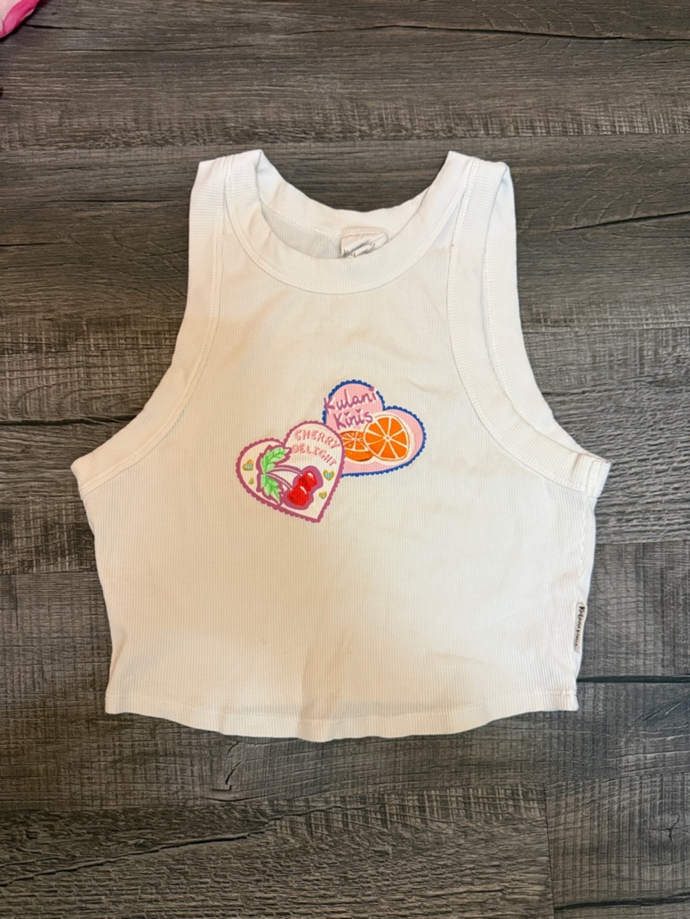 Kulani Kinis White Cropped Tank with Fruit & Heart Patches